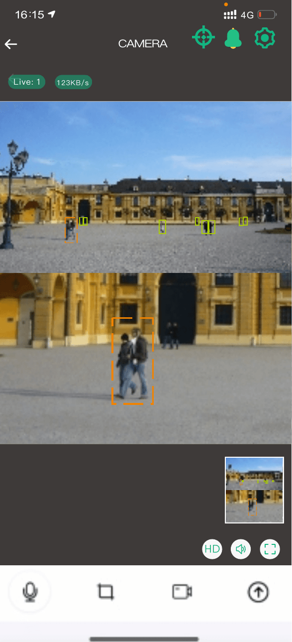 Live tracking view showing humanoid mark frames around detected people