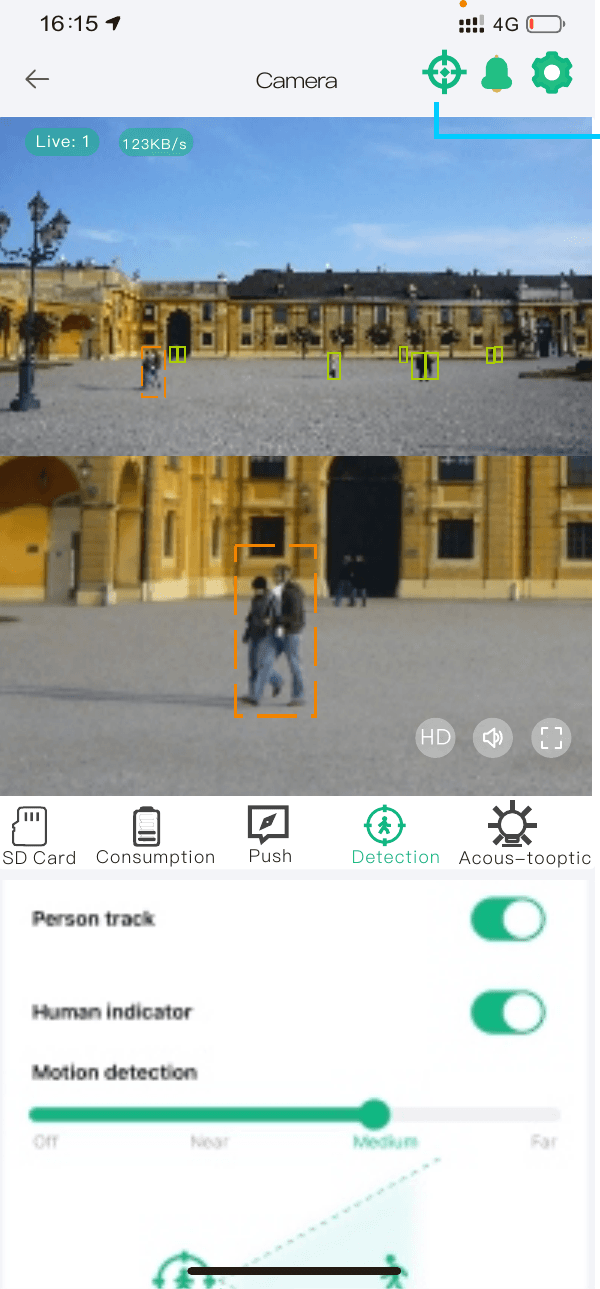 Detection settings with Person track and Human indicator toggles, Motion detection slider and the lens linkage diagram