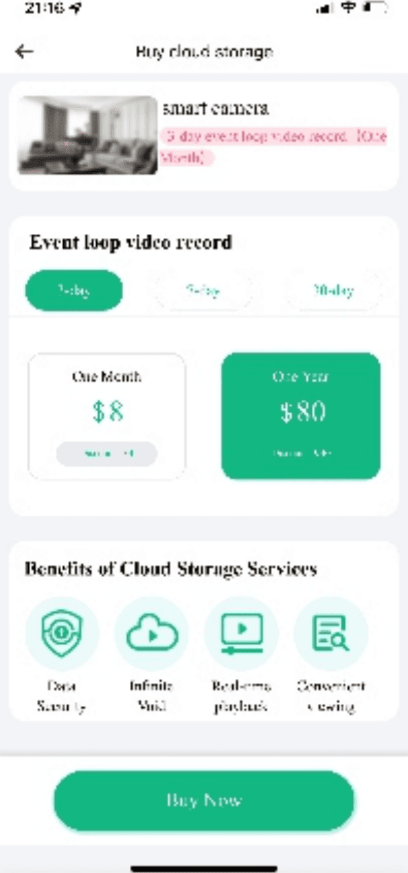 Pantalla para comprar almacenamiento en la nube que muestra los planes de grabación de video en bucle por evento, Un mes $8 y Un año $80, y las ventajas de los servicios de almacenamiento en la nube