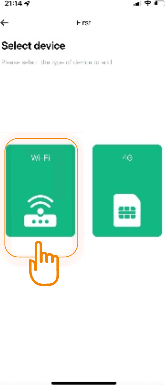 Pantalla de selección de dispositivo que muestra las opciones WiFi y 4G, con WiFi seleccionada
