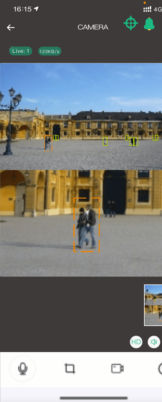 Vista en vivo con marcas de detección de figura humana en las pantallas gran angular y de enfoque cercano