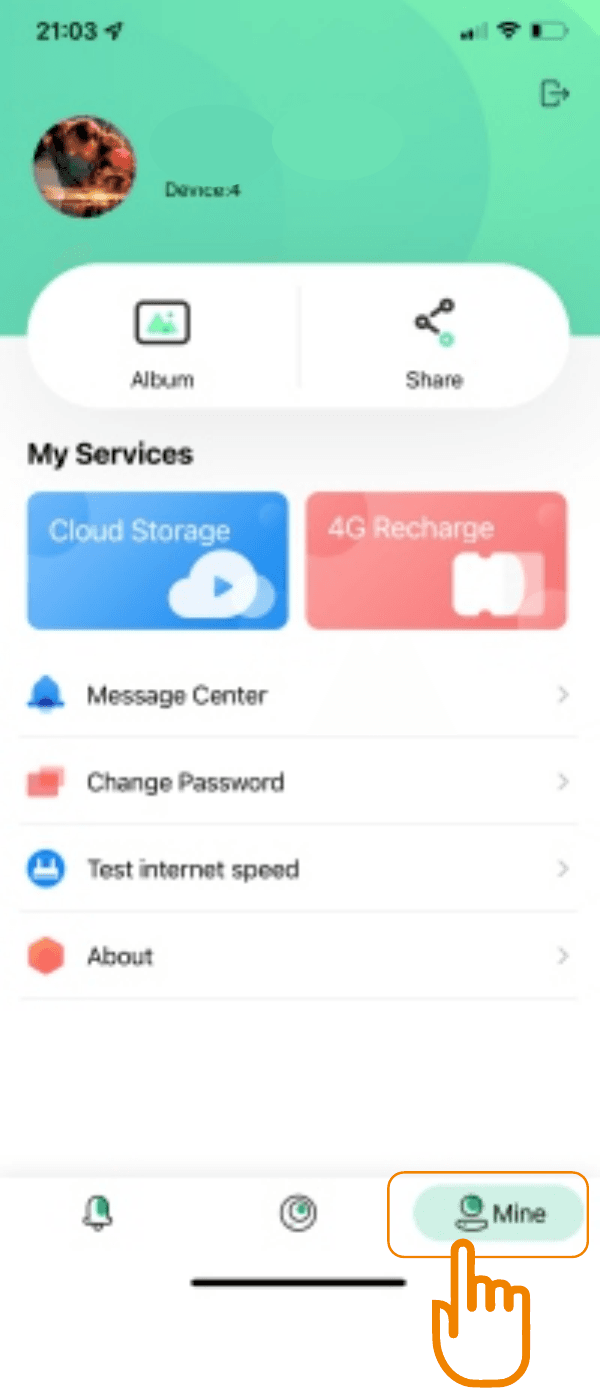 Página de cuenta Mis servicios con Álbum, Compartir, Almacenamiento en la nube, Recarga 4G, Centro de mensajes, Cambiar contraseña, Probar velocidad de internet y Acerca de, con la pestaña Mi cuenta resaltada