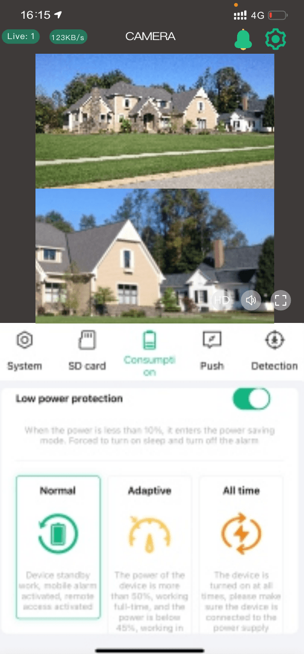 Pantalla de gestión de energía con Protección de batería baja y los modos Normal / Adaptativo / Permanente