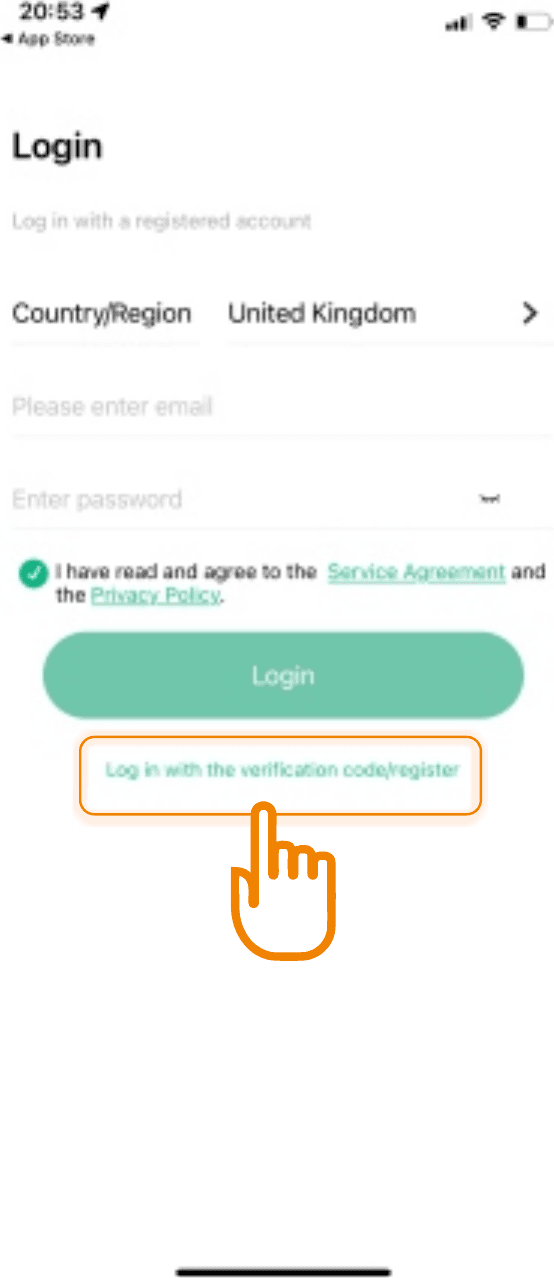 Pantalla de inicio de sesión: país/región (Reino Unido), campos de correo electrónico y contraseña, aceptación del acuerdo de servicio y la política de privacidad, botón de inicio de sesión y la opción "Iniciar sesión con código de verificación/registrarse"