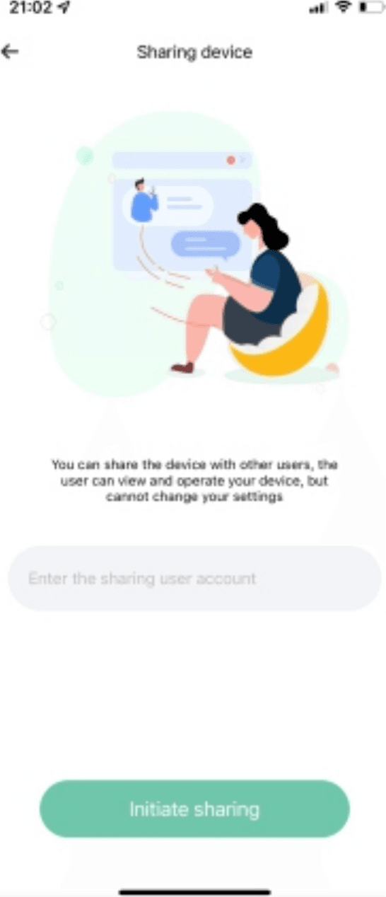 Pantalla para compartir el dispositivo con un campo para introducir la cuenta del usuario con quien compartir y un botón "Iniciar uso compartido"