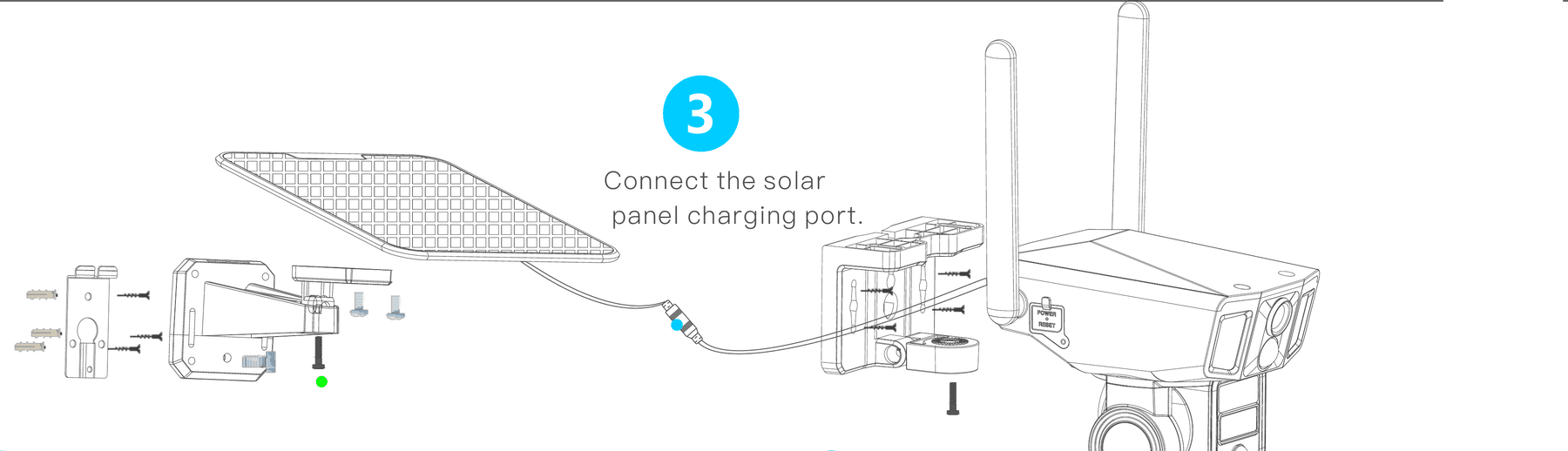 Instalación en pared: fija el panel solar al soporte, asegura el soporte de pared metálico y cuelga la cámara, luego conecta el puerto de carga del panel solar