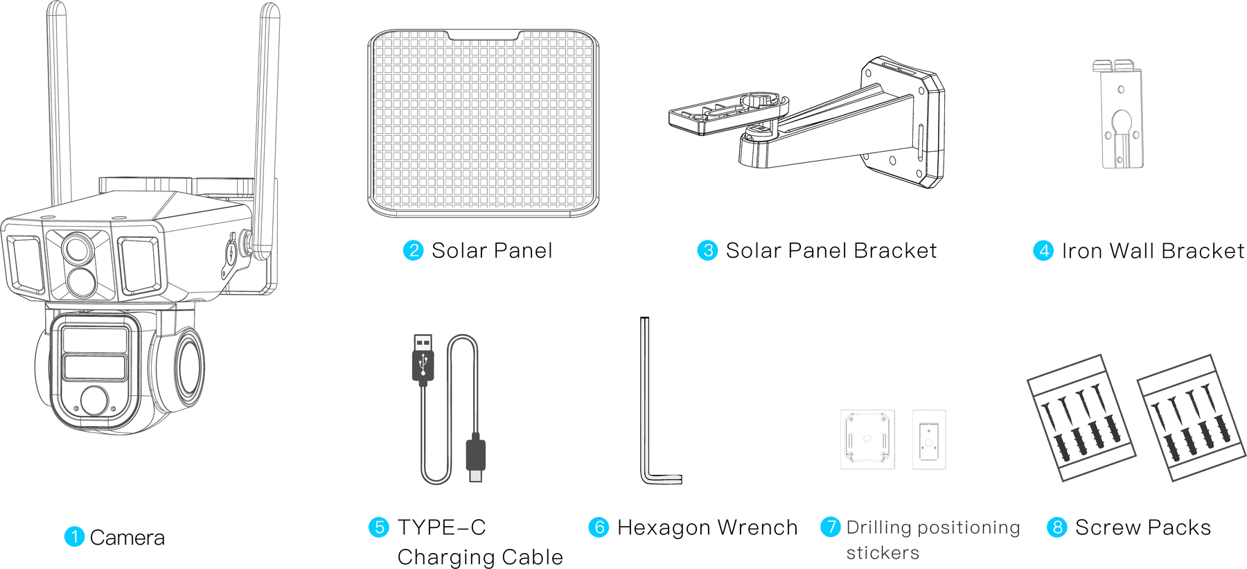 Lista de embalaje: 1 Cámara, 2 Panel solar, 3 Soporte del panel solar, 4 Soporte de pared metálico, 5 Cable de carga TYPE-C, 6 Llave hexagonal, 7 Plantillas adhesivas para perforar, 8 Juegos de tornillos
