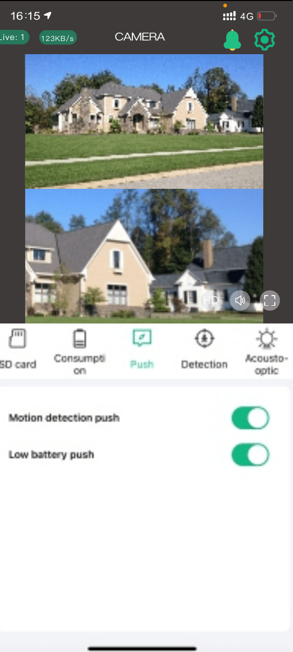Alert push settings with Motion detection push and Low battery push toggles
