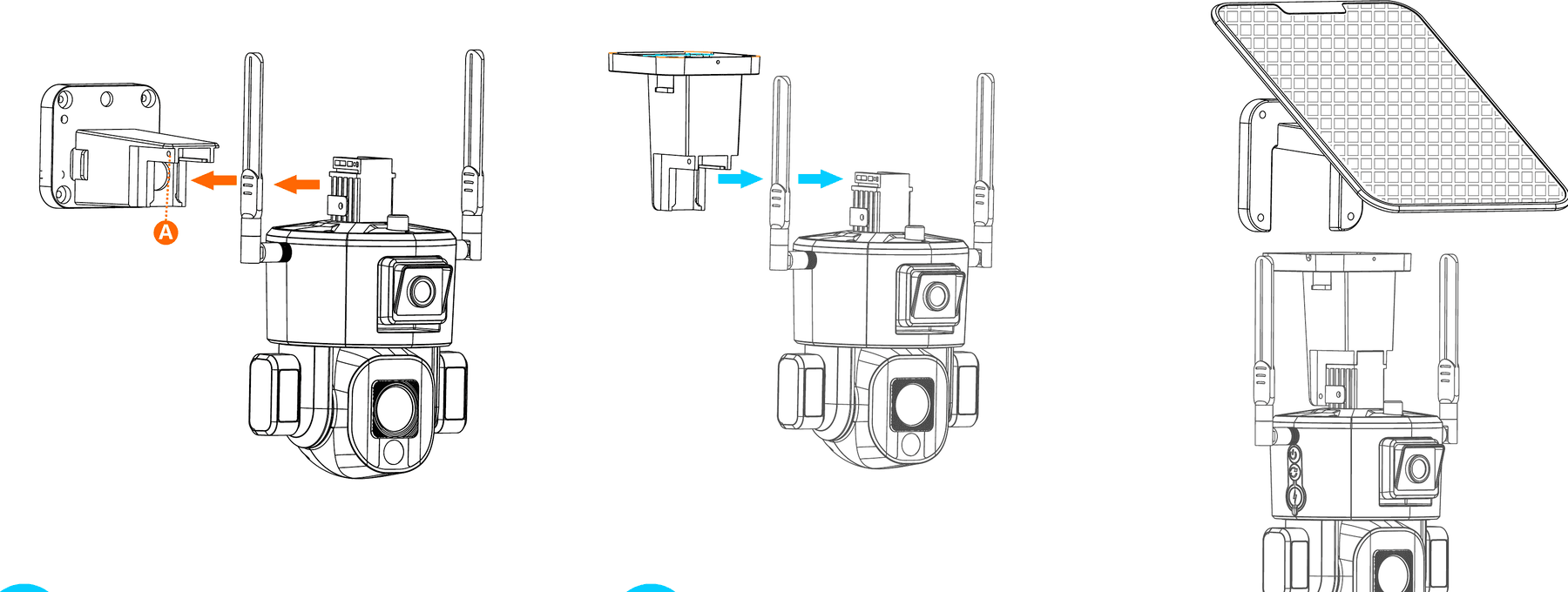 Ceiling mount steps: unscrewing the fixing screw at A and pulling out the upper wall bracket, then inserting the upright bracket along the rail and fixing the screws