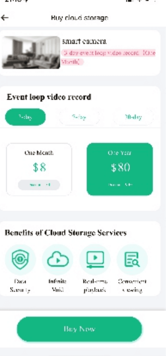 Buy cloud storage screen showing Event loop video record packages: One Month $8 and One Year $80, and Benefits of Cloud Storage Services