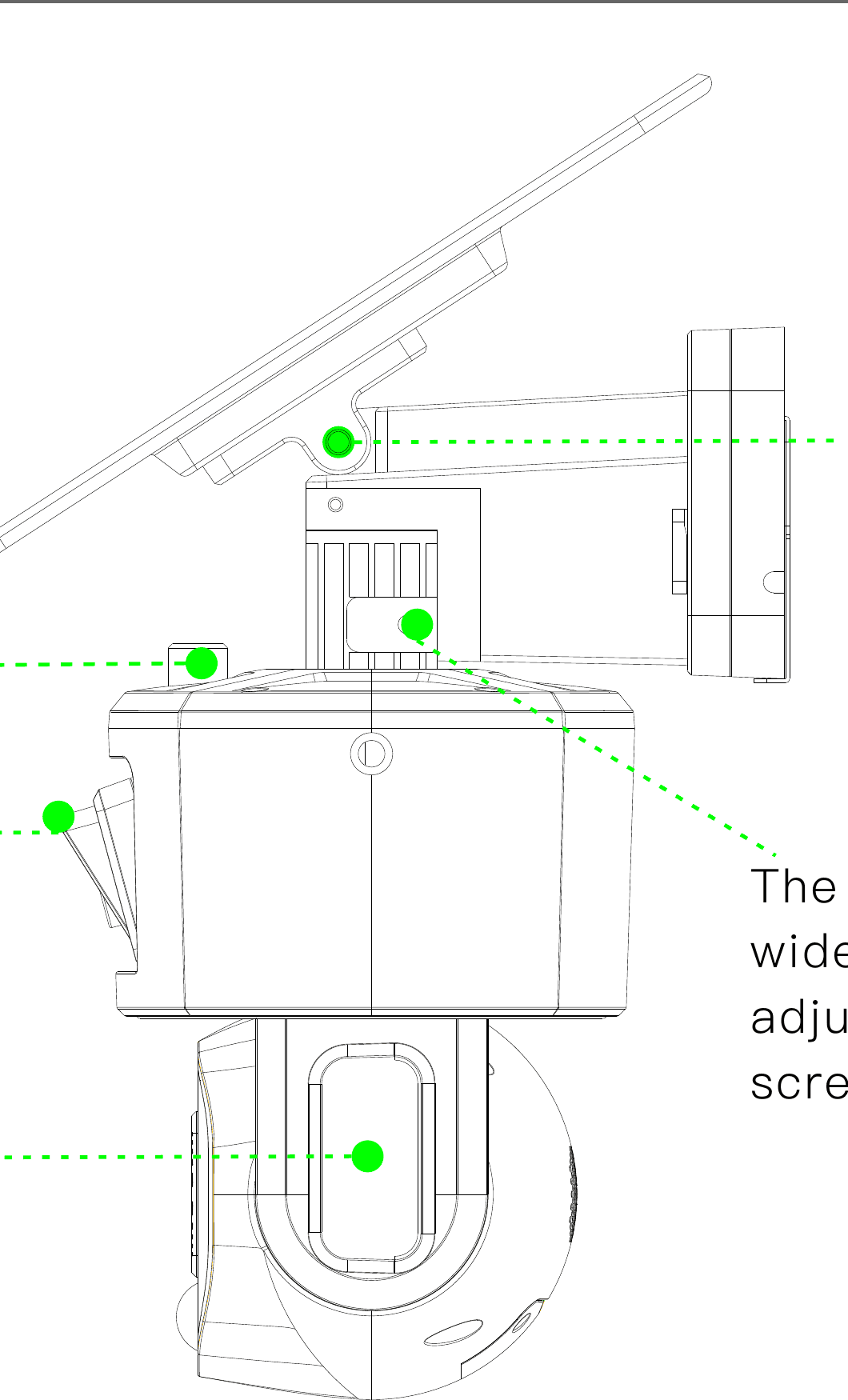 Commissioning callouts on the dual-lens PTZ camera and solar panel showing the adjustment points