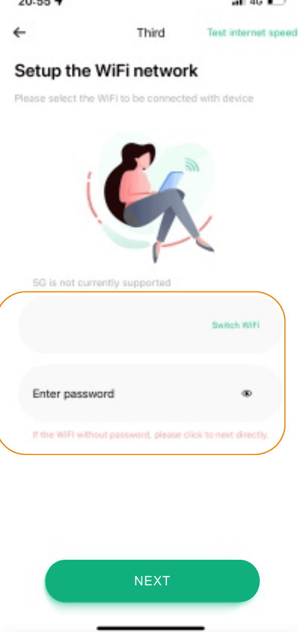 Setup the WiFi network screen with Switch WiFi and Enter password fields, including an eye icon to reveal the password