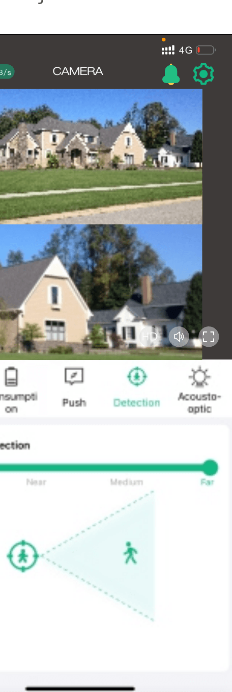 Detection settings with the Motion detection sensitivity slider (Off / Near / Medium / Far) and detection range diagram