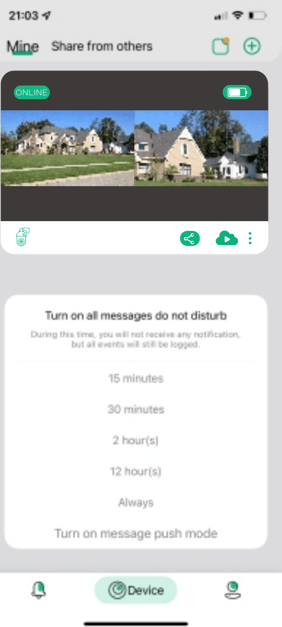 Turn on all messages do not disturb screen with duration options: 15 minutes, 30 minutes, 2 hour(s), 12 hour(s), Always, and Turn on message push mode
