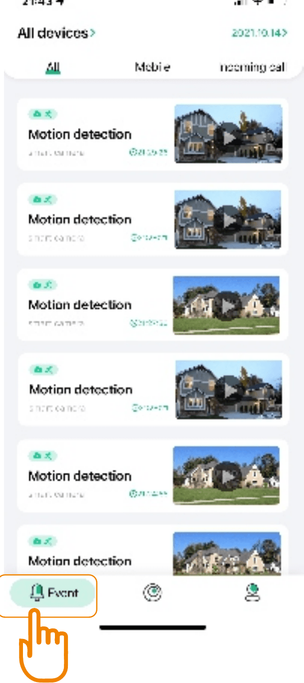 All devices event list showing Motion detection alarm entries with thumbnails, with the Event tab highlighted at the bottom