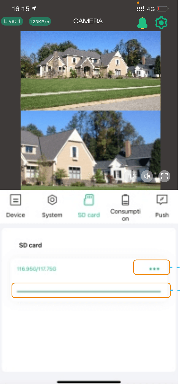 Memory card settings showing SD card usage with Format and Status