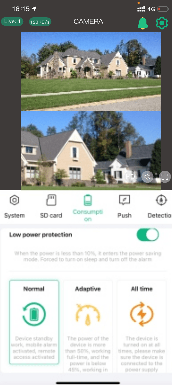 Power management screen with Low power protection toggle and Normal, Adaptive and All time working modes