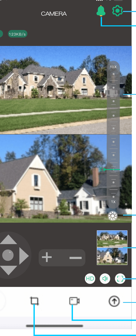 Real-time monitoring screen showing the wide-angle and close-focus dual views with on-screen controls