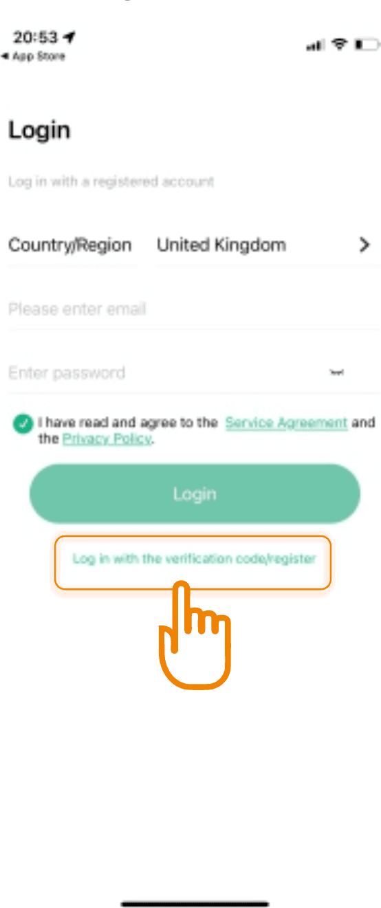 App Login screen showing Country/Region, email and password fields, and the "Log in with the verification code/register" option