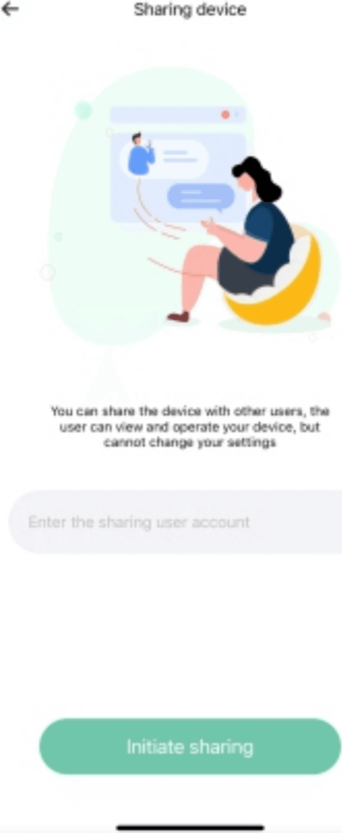 Sharing device screen with a field to enter the sharing user account and an Initiate sharing button