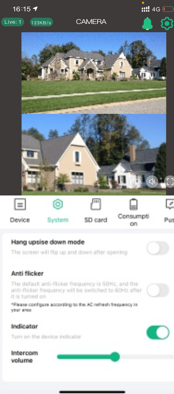 System settings panel with Hang upside down mode, Anti flicker, Indicator and Intercom volume options