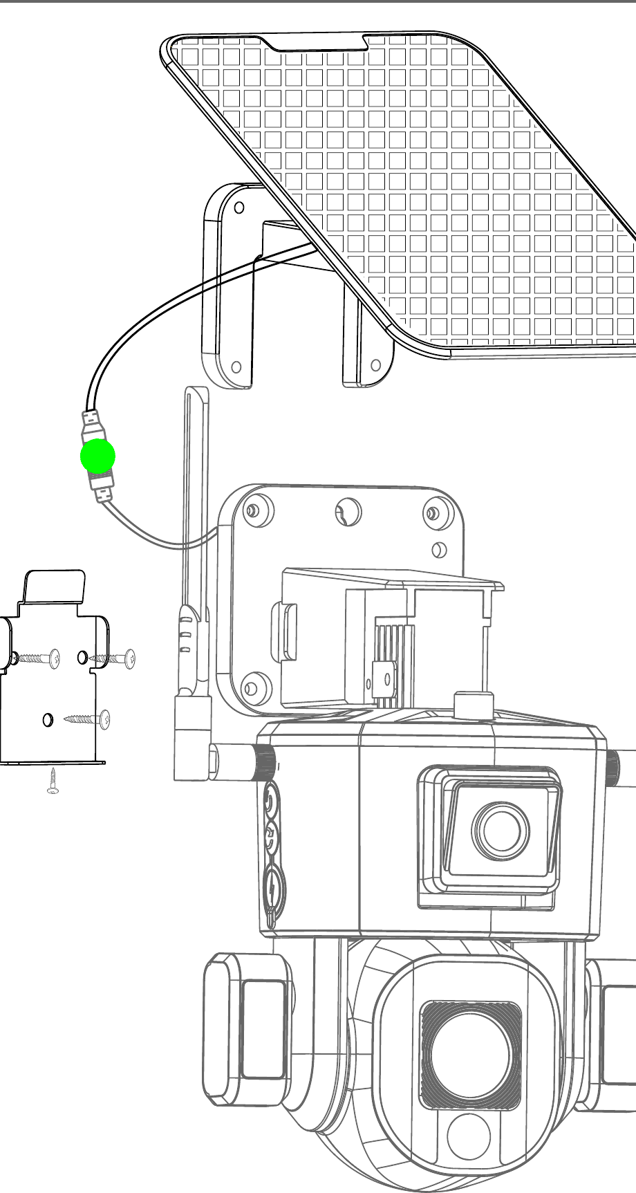 Solar panel connected to the camera charging port, mounted on the iron wall bracket