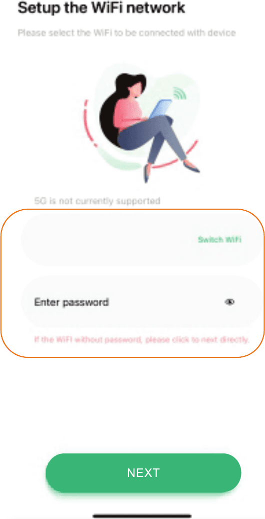 设置 WiFi 网络界面,WiFi 名称和输入密码字段高亮显示,并带有"下一步"按钮
